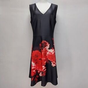 Donna Karan New York Dress Women's 10 Black Red Rose Floral Scuba Romantic